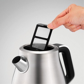 Morphy Richards Evoke Jug Kettle 1.5L in brushed stainless steel, hand demonstrating lid opening mechanism