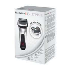 Remington F9 Ultimate Series Foil Shaver in silver and black packaging, highlighting 33% faster shaving and LED display feature