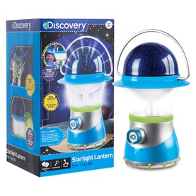 FAO Schwarz Discovery Starlight Lantern in blue and green, projecting a star-filled night sky scene, shown in and out of packaging