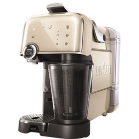Lavazza Fantasia Coffee Machine in cream with black milk frother jug and retro-style design, front three-quarter view