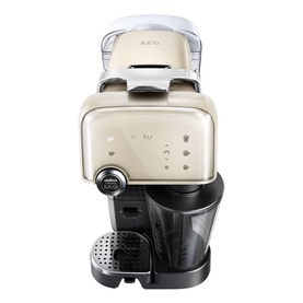 Lavazza Fantasia Coffee Machine in cream with black base, pod compartment visible, AEG branding on front panel