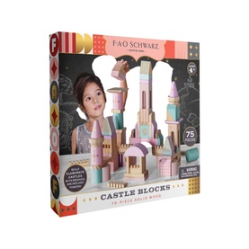 FAO Schwarz Solid Wood Castle Blocks 75 Pieces, cream and pink wooden blocks arranged as a castle, shown on product packaging with child model
