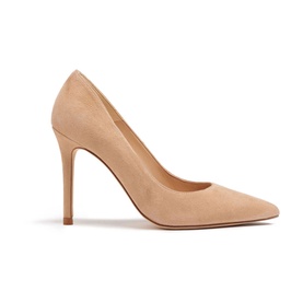 LK Bennett Fern Suede Courts in beige, pointed toe, low vamp stiletto heel, suede upper on leather sole, side profile view