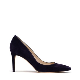 LK Bennett Floret Pointed Courts in blue suede, featuring a pointed toe, stiletto heel, and low vamp slip-on style