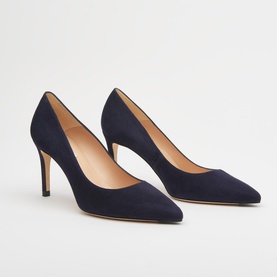 LK Bennett Floret Pointed Courts in blue suede, pointed toe, stiletto heel, low vamp, tan leather lining visible