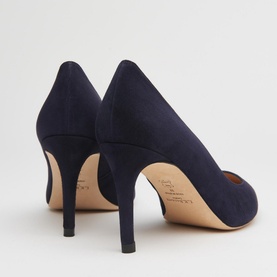 LK Bennett Floret Pointed Courts in blue suede, rear view showing stiletto heel and slip-on style with natural leather insole