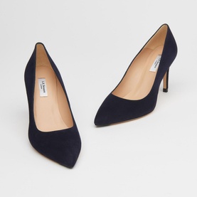 LK Bennett Floret Pointed Courts in navy blue suede, pointed toe, stiletto heel, shown as a pair at an angle