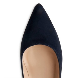 LK Bennett Floret Pointed Courts in blue suede, close-up of pointed toe and low vamp, nude leather insole visible
