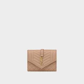 Saint Laurent Monogram Quilted Leather Flap Wallet in beige with gold YSL logo, chevron quilting and envelope flap closure