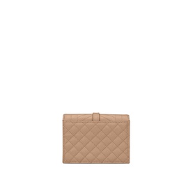 Saint Laurent Monogram Quilted Leather Flap Wallet in beige, diamond quilted texture, gold-tone tab closure, compact style