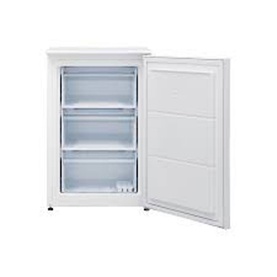 Rangemaster Under Counter Freezer in white, shown open with three internal shelves and a reversible door