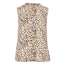 Hobbs Flora Top in white with black spot print, sleeveless with ruffle high neck and front pleat detail