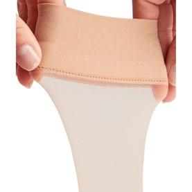 Falke Shelina Anklet Socks in Powder, close-up showing ultra-sheer fabric with elasticated waistband being stretched to demonstrate flexibility