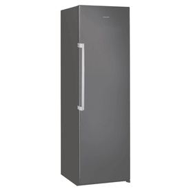 Hotpoint Larder Fridge in silver, tall freestanding upright design with long bar handle and dark graphite-effect door finish