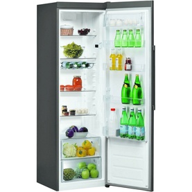 Hotpoint Larder Fridge in silver, open door showing multiple shelves and door compartments stocked with fresh food and drinks