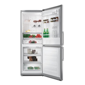 Hotpoint Freestanding Fridge Freezer in silver, open door view showing stocked fridge and freezer compartments with shelves and door storage