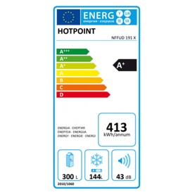 Hotpoint Freestanding Fridge Freezer silver energy rating label showing A+ rating, 413 kWh/annum, 300L fridge, 144L freezer, 43dB
