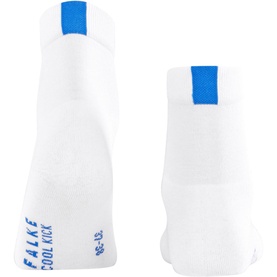 Falke Cool Kick Socks in white, low-cut ankle style with blue tab detail, shown as a pair front and back view
