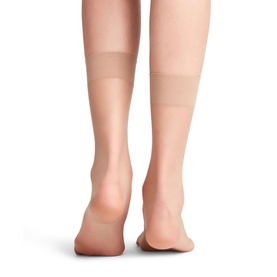Model wearing Falke Shelina Anklet Socks Brazil in brown, ultra-sheer with a sensitive cuff, shot from behind at ankle height