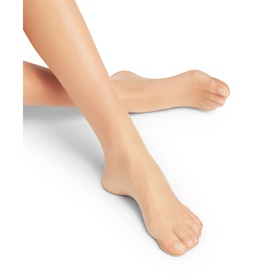 Model wearing Falke Shelina Tights in Powder Skin, 12 denier ultra-sheer with sandal toe, shown on crossed bare legs against white background