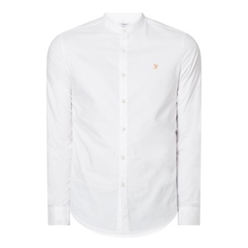 Farah Vintage Brewer Grandad Shirt in white with mandarin collar, long sleeves, and embroidered logo chest detail