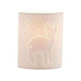 Belleek Fawn Luminaire in white porcelain with cut-out deer and star dot pattern, glowing from within