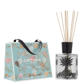 Bottom Drawer Florio Diffuser, 200ml, with decorative gift bag in blue floral print and glass bottle with black reed sticks