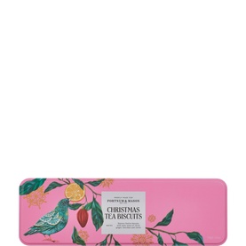 Fortnum & Mason Christmas Tea Biscuit 120g in pink rectangular tin with festive botanical fruit and bird illustration