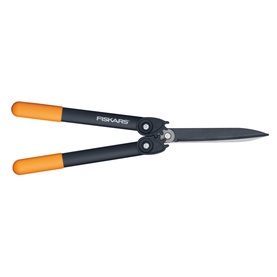 Fiskars PowerGear Hedge Shear HS72 with black steel blades and orange and black ergonomic handles