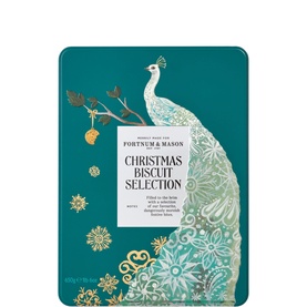 Fortnum & Mason Christmas Biscuit Selection tin in teal with gold peacock and snowflake design