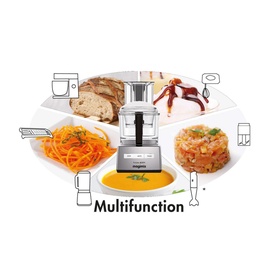 Magimix Compact 3200 XL Food Processor in silver, shown with multifunction capabilities including slicing, blending and food preparation