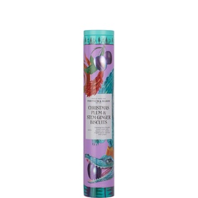 Fortnum & Mason Christmas Pecan & Ginger Biscuits 250g in illustrated purple and teal cylindrical tube with festive plum motif