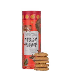 Fortnum & Mason Christmas Orange & Dark Chocolate Biscuits 125g in festive red tin with stacked biscuits alongside