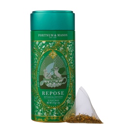 Fortnum & Mason Botanical Infusion Repose Tea Bags in green decorative tin with illustrated dragon motif and pyramid tea bag shown alongside