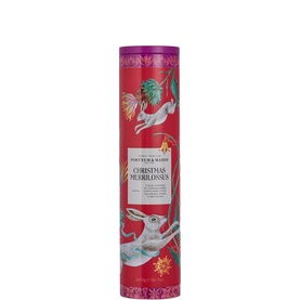 Fortnum & Mason Christmas Merrilossus 400g biscuits in a red cylindrical tube with illustrated hare and botanical design