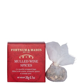 Fortnum & Mason Mulled Wine Spice Box, red gift box with muslin-wrapped spice bag, containing 2 aromatic spice and orange peel bags