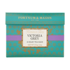 Fortnum & Mason Victoria Grey Silky Tea Bags, teal gift box with gold floral pattern and purple ribbon detail, 15 bags