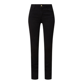 FRAME DENIM Le Mini Boot High-Rise Jeans in black, slim bootcut fit with gold-tone button waist detail