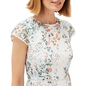 Model wearing Phase Eight Franky Lace Dress in cream with floral lace detailing, cap sleeves and round neck with keyhole detail