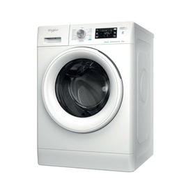 Whirlpool FreshCare 8kg 1400 Spin 6th Sense Clean washing machine in white, front-loading with chrome porthole door, angled view