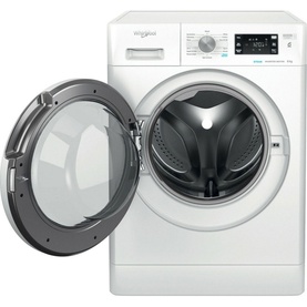 Whirlpool FreshCare 8kg 1400 Spin 6th Sense Clean washing machine in white, shown with door open revealing drum interior