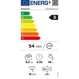 Whirlpool FreshCare 8kg 1400 Spin 6th Sense Clean washing machine EU energy label, rated B, 54 kWh, 8kg capacity, 3:35 cycle time, 48L water use