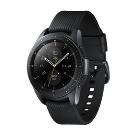 Samsung Galaxy Watch 1.2 in black, round dial with ribbed bezel and black silicone strap, digital watch face displayed
