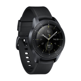 Samsung Galaxy Watch 1.2 in black, round dial with ribbed silicone strap, digital watch face displaying time and date