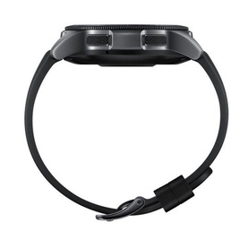 Samsung Galaxy Watch 1.2 Black smartwatch, side profile view showing black rubber strap and silver-toned stainless steel case with crown button