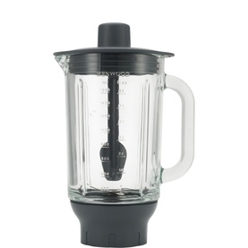 Kenwood glass blender jug with measurement markings, black lid and base attachment, shown without model