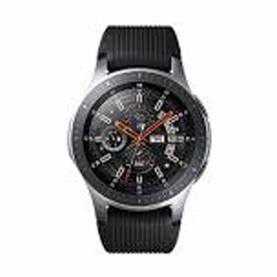 Samsung Galaxy Watch 1.3" BT smartwatch with silver case, black bezel detailing, and black rubber strap, 46mm