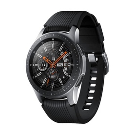 Samsung Galaxy Watch 1.3" BT smartwatch in silver with black ribbed silicone strap, analogue-style digital dial face