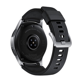 Samsung Galaxy Watch 1.3" BT smartwatch rear view, silver casing with black ribbed silicone strap and sensor array visible
