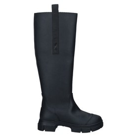 Ganni Gloria Over-The-Knee Recycled Boots in black, chunky rubber sole, elasticated back strap, knee-high shaft